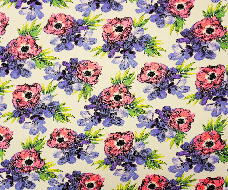 White-Blue-Multi Poly Stretch Floral Bullet Double Knit Fabric
