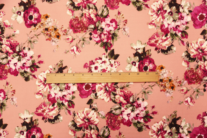 Coral-Red-Multi Poly Stretch Floral Bullet Double Knit Fabric