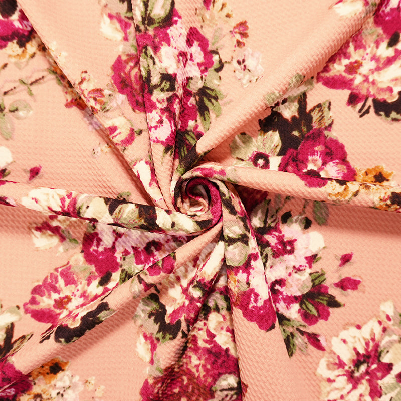 Coral-Red-Multi Poly Stretch Floral Bullet Double Knit Fabric