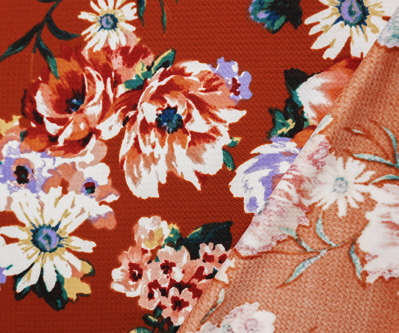 Deep Orange-Multi Poly Stretch Floral Bullet Double Knit Fabric
