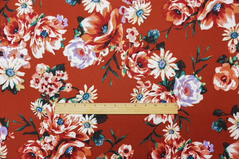 Deep Orange-Multi Poly Stretch Floral Bullet Double Knit Fabric