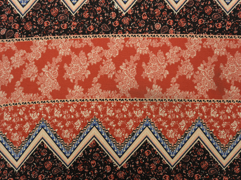 Red-Multi Poly Floral Chevron Liverpool Double Knit Fabric