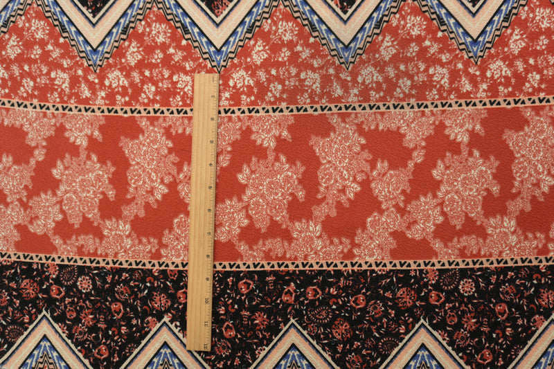Red-Multi Poly Floral Chevron Liverpool Double Knit Fabric