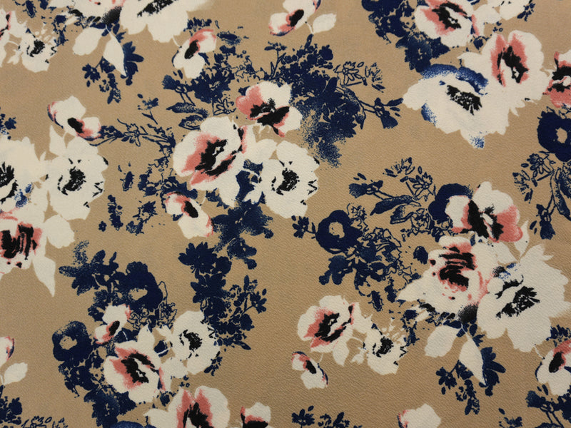 Brown-Navy Poly Floral Chevron Liverpool Double Knit Fabric