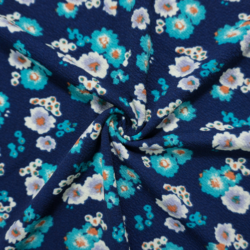 Navy-Teal-Multi Poly Stretch Floral Liverpool Double Knit Fabric