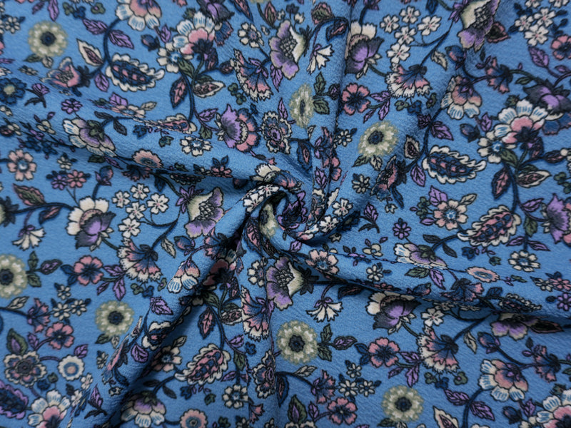 Blue-Purple-Multi Poly Floral Liverpool Double Knit Fabric