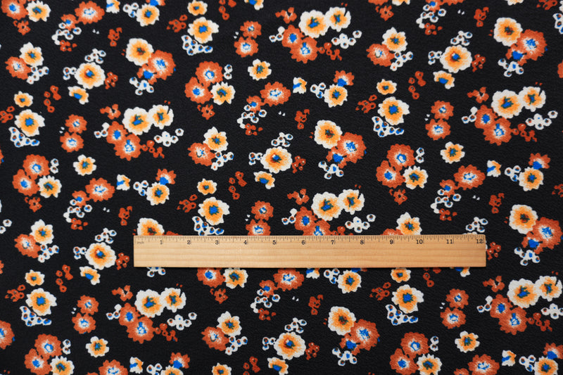 Black-Orange Poly Stretch Floral Liverpool Double Knit Fabric