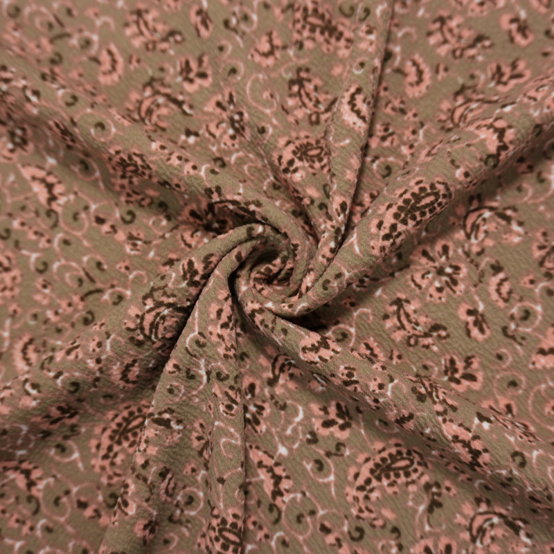 Brown-Coral Poly Spandex Floral Paisley Print Liverpool Double Knit Fabric