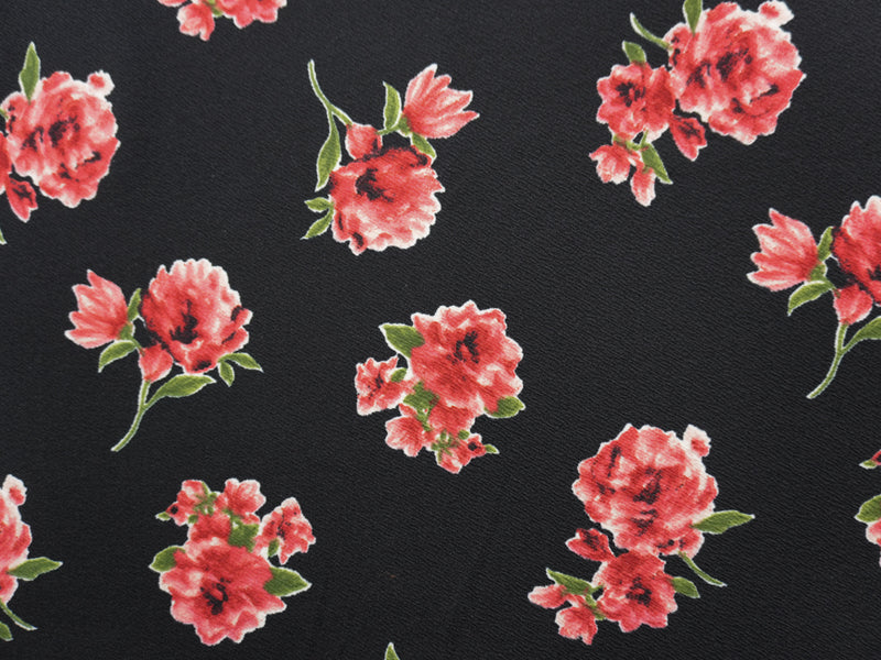 Black-Red-Multi Poly Stretch Floral Liverpool Double Knit Fabric