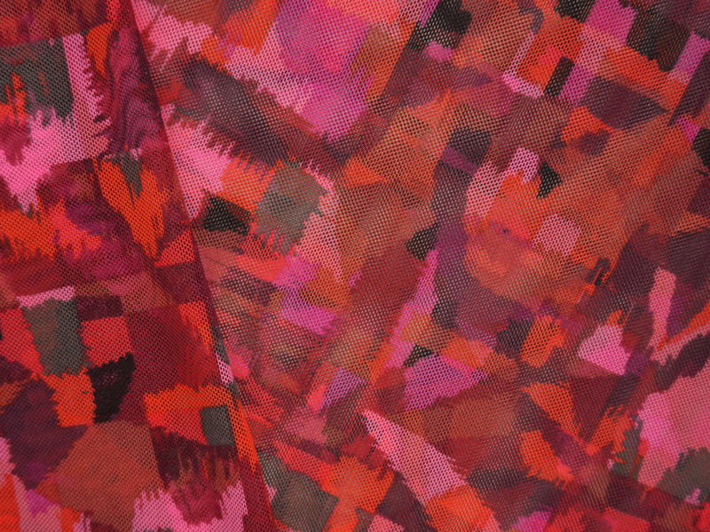 Red-Multi Poly Abstract Printed Net Mesh Knit Fabric