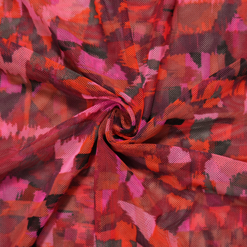 Red-Multi Poly Abstract Printed Net Mesh Knit Fabric