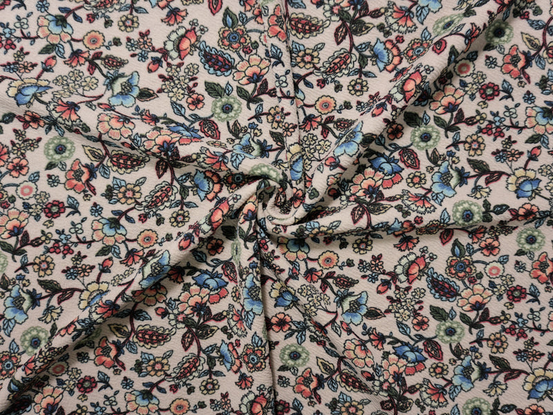 Beige-Coral-Multi Poly Stretch Floral Liverpool Double Knit Fabric