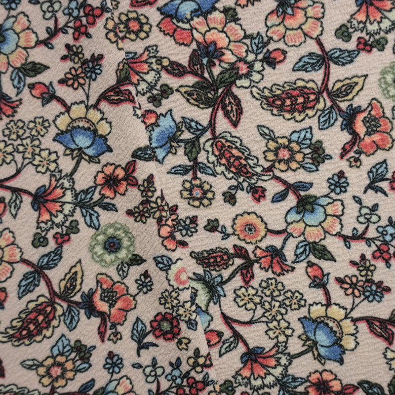 Beige-Coral-Multi Poly Stretch Floral Liverpool Double Knit Fabric