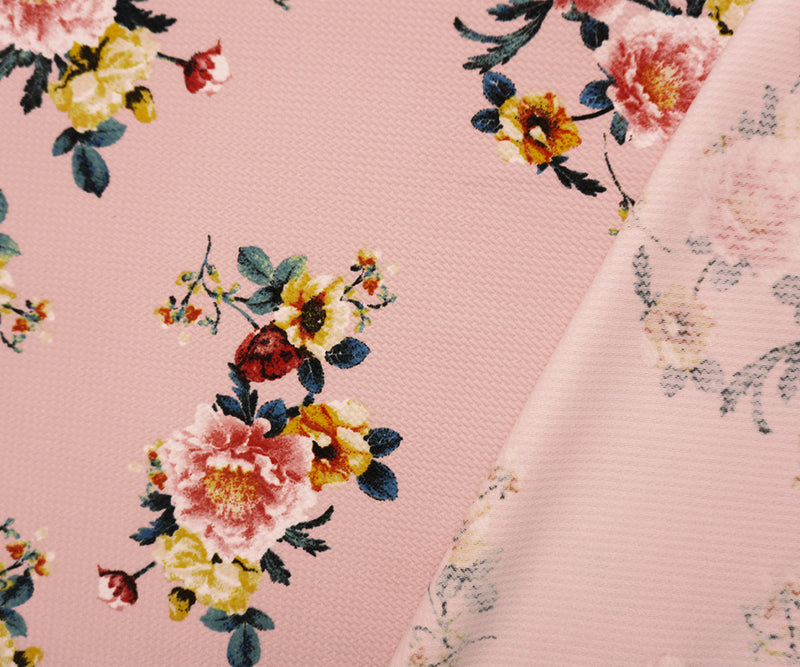 Pink-Yellow-Multi Poly Stretch Floral Bullet Double Knit Fabric