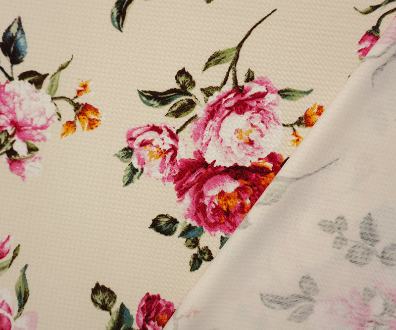 Light Beige-Multi Poly Stretch Floral Bullet Double Knit Fabric