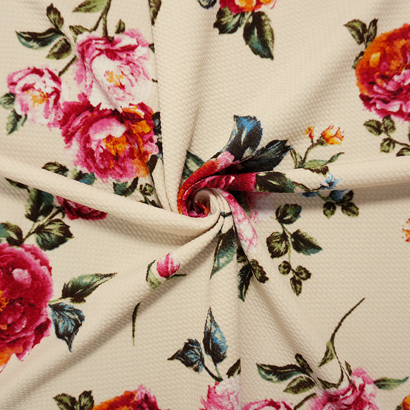Light Beige-Multi Poly Stretch Floral Bullet Double Knit Fabric