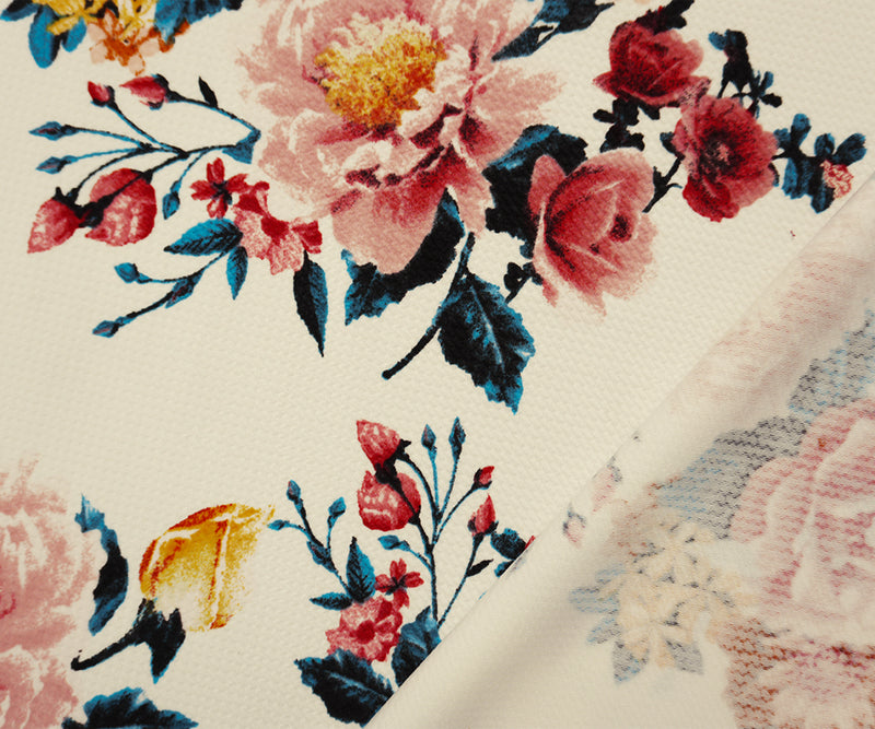 White-Red-Brown Poly Stretch Floral Bullet Double Knit Fabric