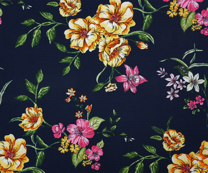 Deep Navy-Yellow Poly Stretch Floral Bullet Double Knit Fabric