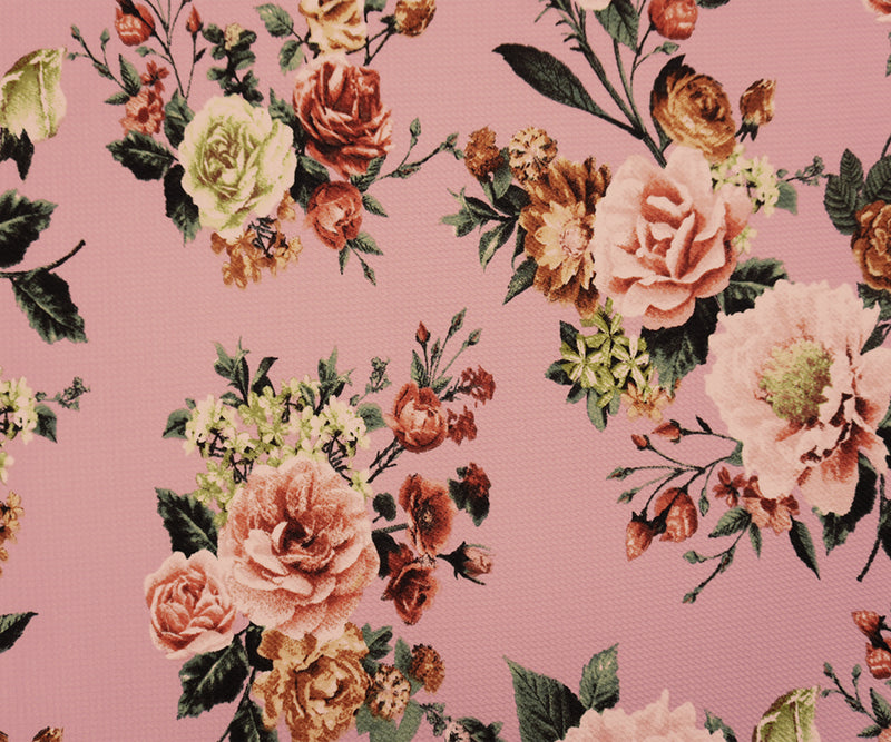 Pink-Brown-Multi Poly Stretch Floral Bullet Double Knit Fabric