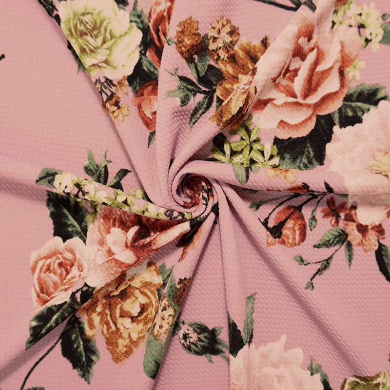 Pink-Brown-Multi Poly Stretch Floral Bullet Double Knit Fabric