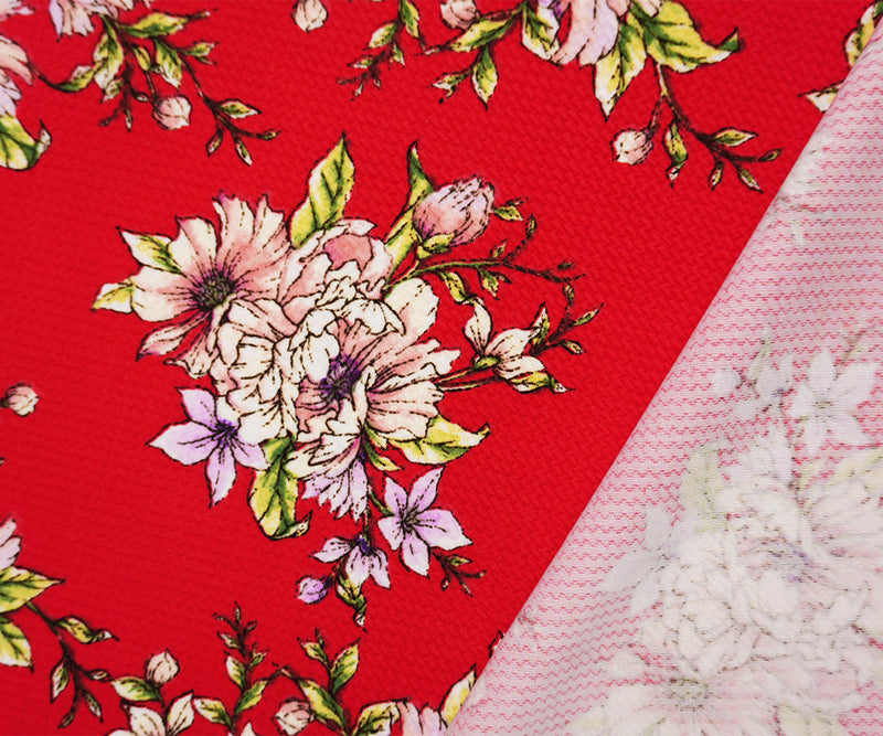 Red-Purple-Multi Poly Stretch Floral Bullet Double Knit Fabric