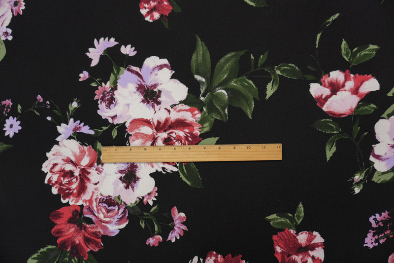 Black-Red-Multi Poly Stretch Floral Bullet Double Knit Fabric