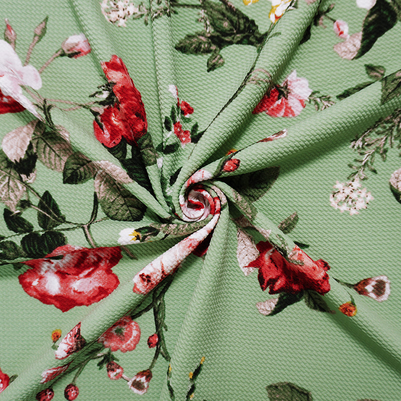 Green-Red Poly Stretch Floral Printed Bullet Double Knit Fabric