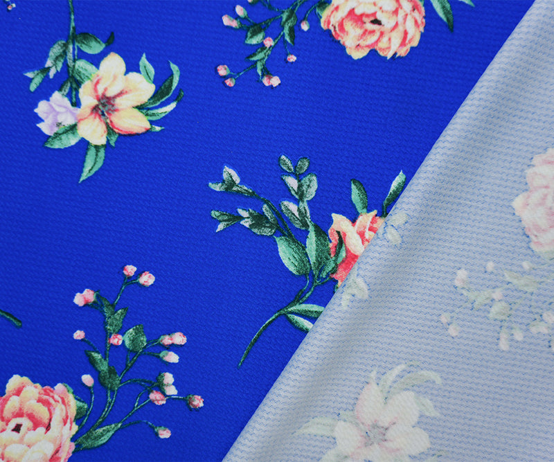 Blue-Multi Poly Stretch Floral Printed Bullet Double Knit Fabric