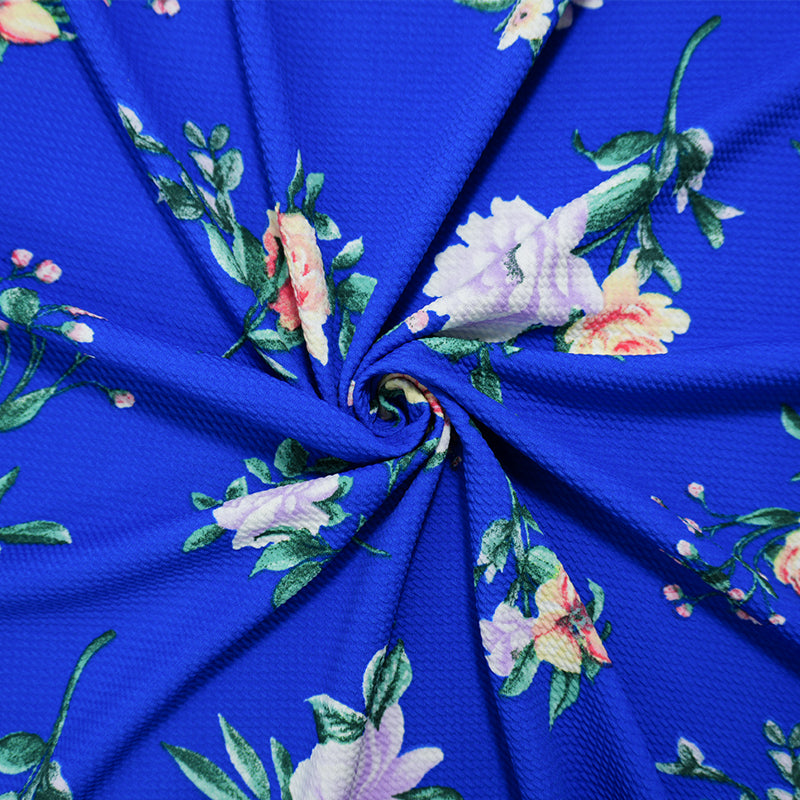 Blue-Multi Poly Stretch Floral Printed Bullet Double Knit Fabric