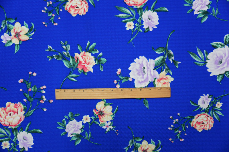 Blue-Multi Poly Stretch Floral Printed Bullet Double Knit Fabric