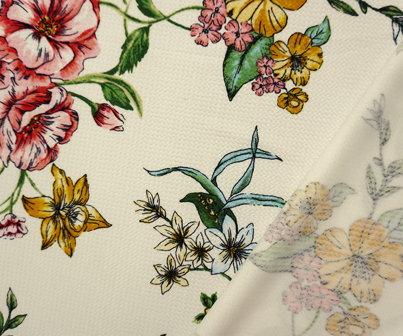 White-Mustard-Multi Poly Stretch Floral Bullet Double Knit Fabric