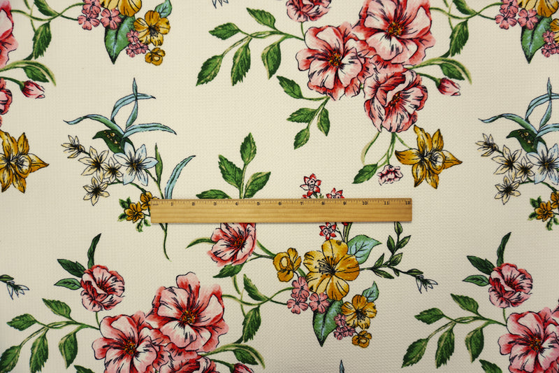 White-Mustard-Multi Poly Stretch Floral Bullet Double Knit Fabric