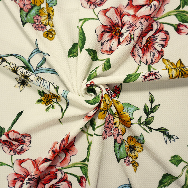 White-Mustard-Multi Poly Stretch Floral Bullet Double Knit Fabric