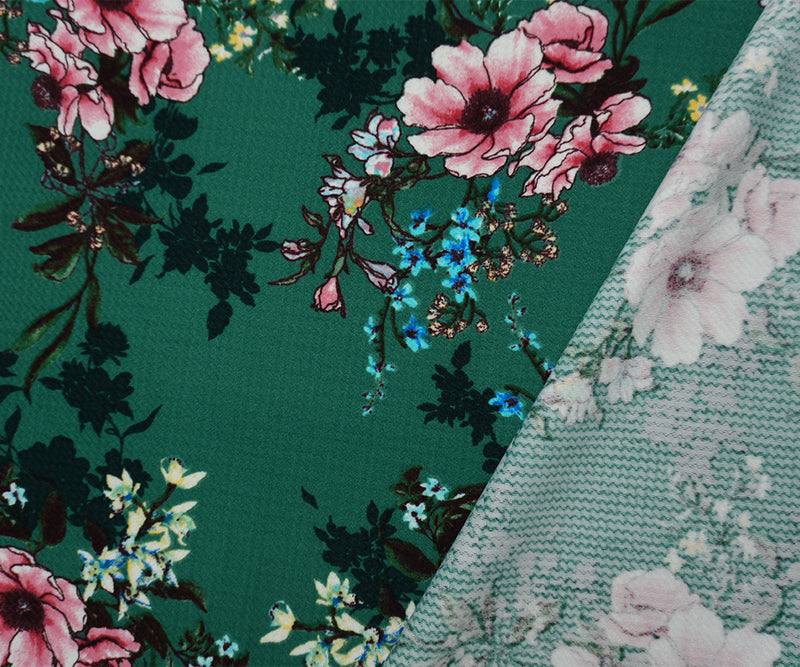 Green-Pink Poly Stretch Floral Printed Bullet Double Knit Fabric