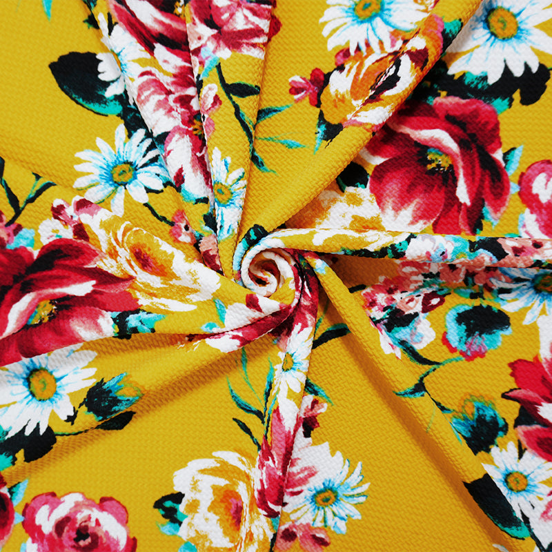 Yellow-Red-Multi Poly Stretch Floral Bullet Double Knit Fabric