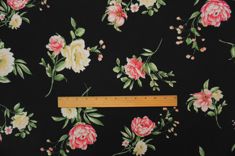 Black-Red-Green Poly Stretch Floral Bullet Double Knit Fabric