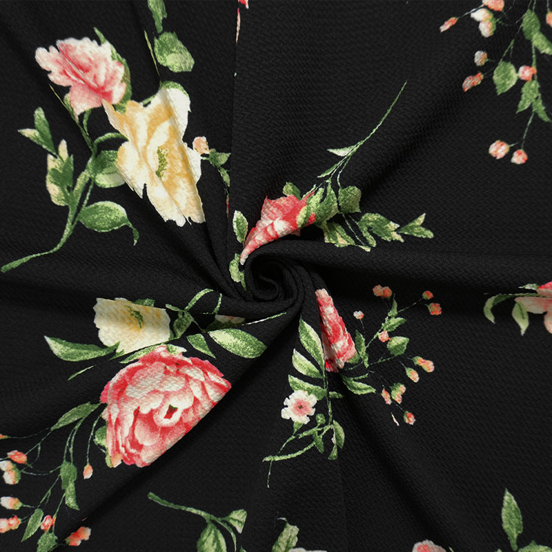 Black-Red-Green Poly Stretch Floral Bullet Double Knit Fabric
