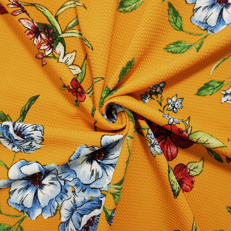 Mustard-Blue-Multi Poly Stretch Floral Bullet Double Knit Fabric