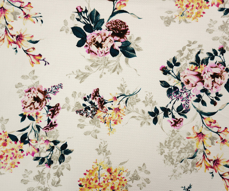 White-Yellow-Multi Poly Stretch Floral Bullet Double Knit Fabric