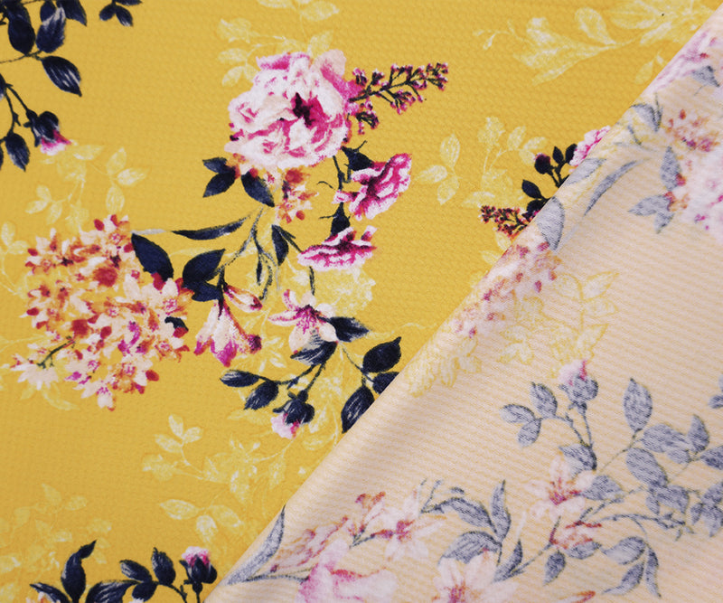 Yellow-Red-Gray Poly Stretch Floral Bullet Double Knit Fabric