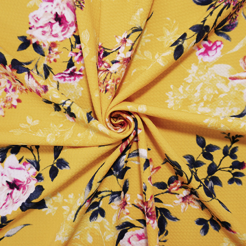 Yellow-Red-Gray Poly Stretch Floral Bullet Double Knit Fabric