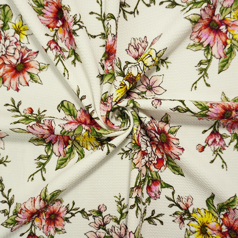 White-Pink-Green Poly Stretch Floral Bullet Double Knit Fabric