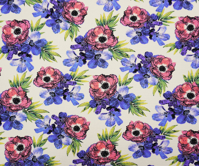 White-Purple-Multi Poly Stretch Floral Bullet Double Knit Fabric