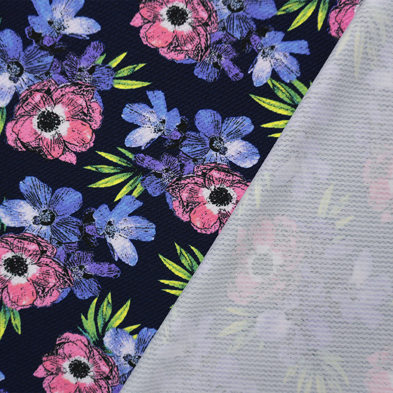 Deep Navy-Pink Poly Stretch Floral Bullet Double Knit Fabric