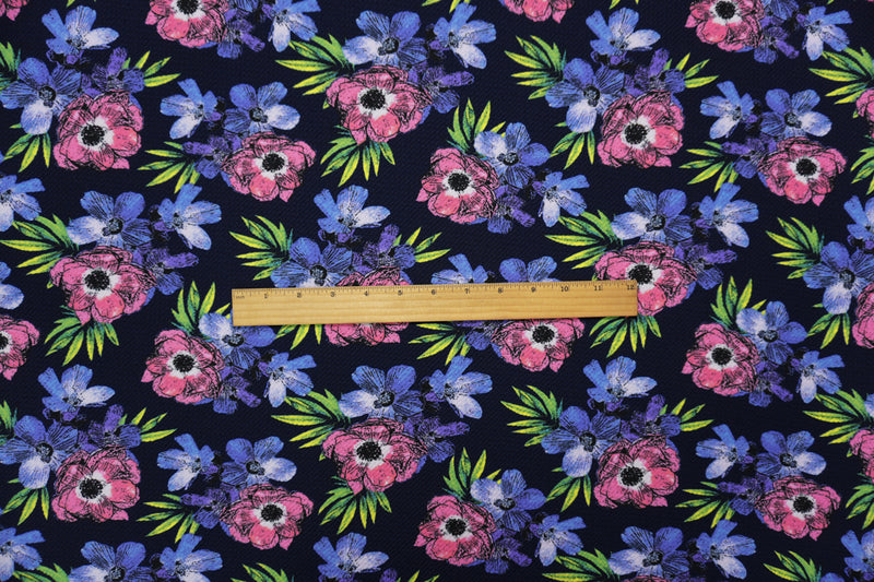 Deep Navy-Pink Poly Stretch Floral Bullet Double Knit Fabric