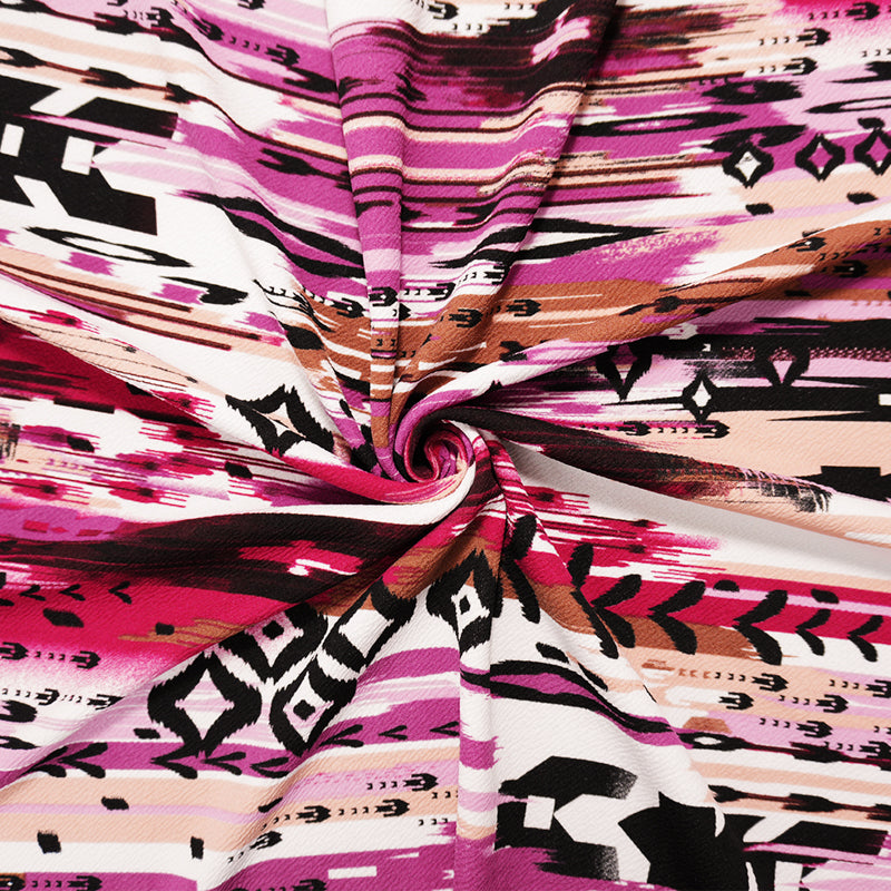 Pink-Brown-Multi Poly Abstract Ikat Liverpool Double Knit Fabric