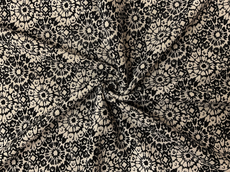 Black-Ivory Poly Floral Printed Liverpool Double Knit Fabric