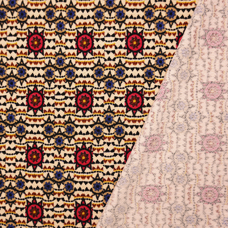 Beige-Red Poly Tribal Printed Liverpool Double Knit Fabric