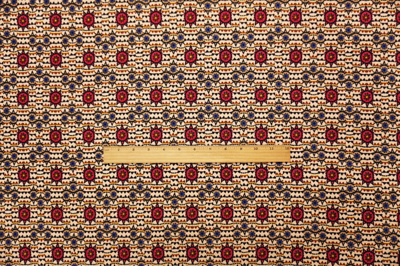 Beige-Red Poly Tribal Printed Liverpool Double Knit Fabric