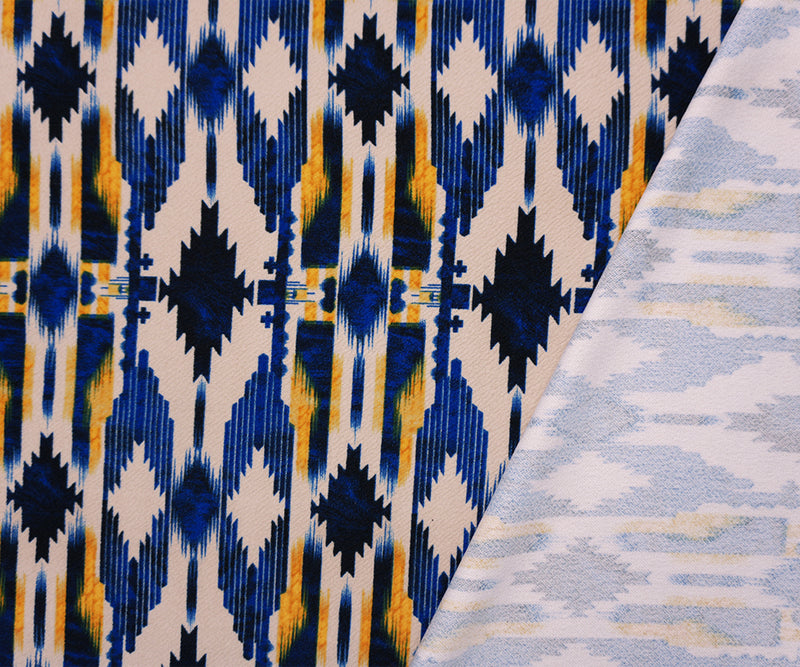 Blue-Beige-Multi Poly Aztec Liverpool Double Knit Fabric